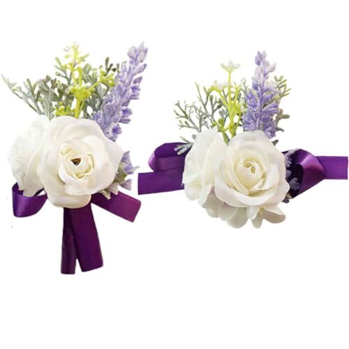 Wrist Corsage and Boutonniere Set for Groom Bride Groomsmen Purple White 2pcs - Picture 2 of 8