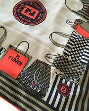 FENDI FF Vintage Silk Twill Scarf Foulard featuring Iconic Handbags 34 inches