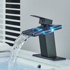 LED Waterfall Bathroom Sink Faucet 3 Holes Black Basin Mixer Tap With 6 in Cover