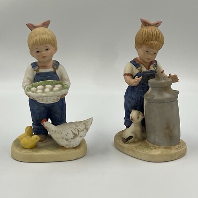 VTG Homco Denim Days 1985 Girl W/ Eggs & Chickens & Girl W/ Cat & Milk Jug