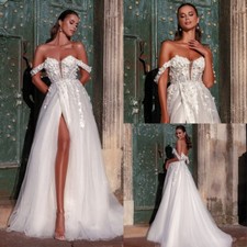 Boho A-Line Wedding Dresses Off The Shoulder High Slit Lace Florals Bridal Gowns