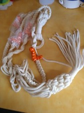 Vintage MCM MACRAME PLANT HANGER 55" INCHES WHITE W/ 4 Orange Caterpillar Beads