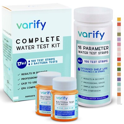 Varify 17 in 1 Complete Drinking Water Test Kit - 100 Strips + 2 Bacteria Tes...