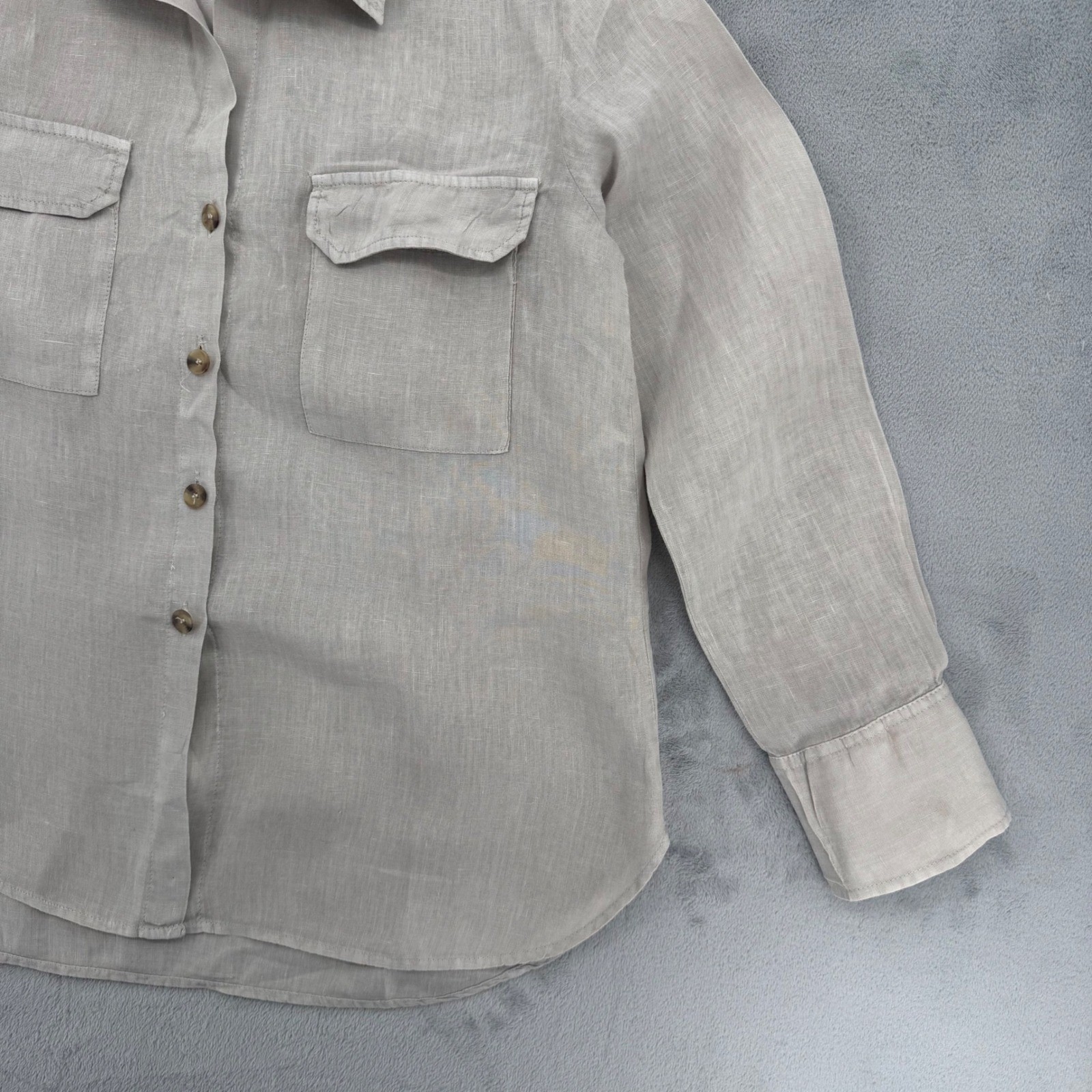 Zara Woman 100% Linen Beige Button Down Shirt Long Sleeve Pocket Top Size M thumbnail 6