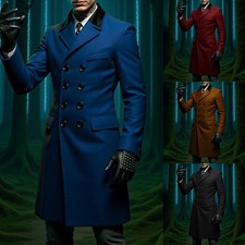 Men Wool Blend Double Breasted Coat Lapel Jacket Casual Lined Thick Outerwear