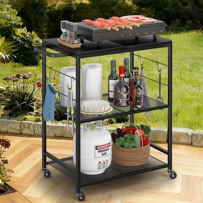 Grill Cart for Outside,3-Tier BBQ Food Prep Rolling Table Cart,w/23.62'' Lx 15.75