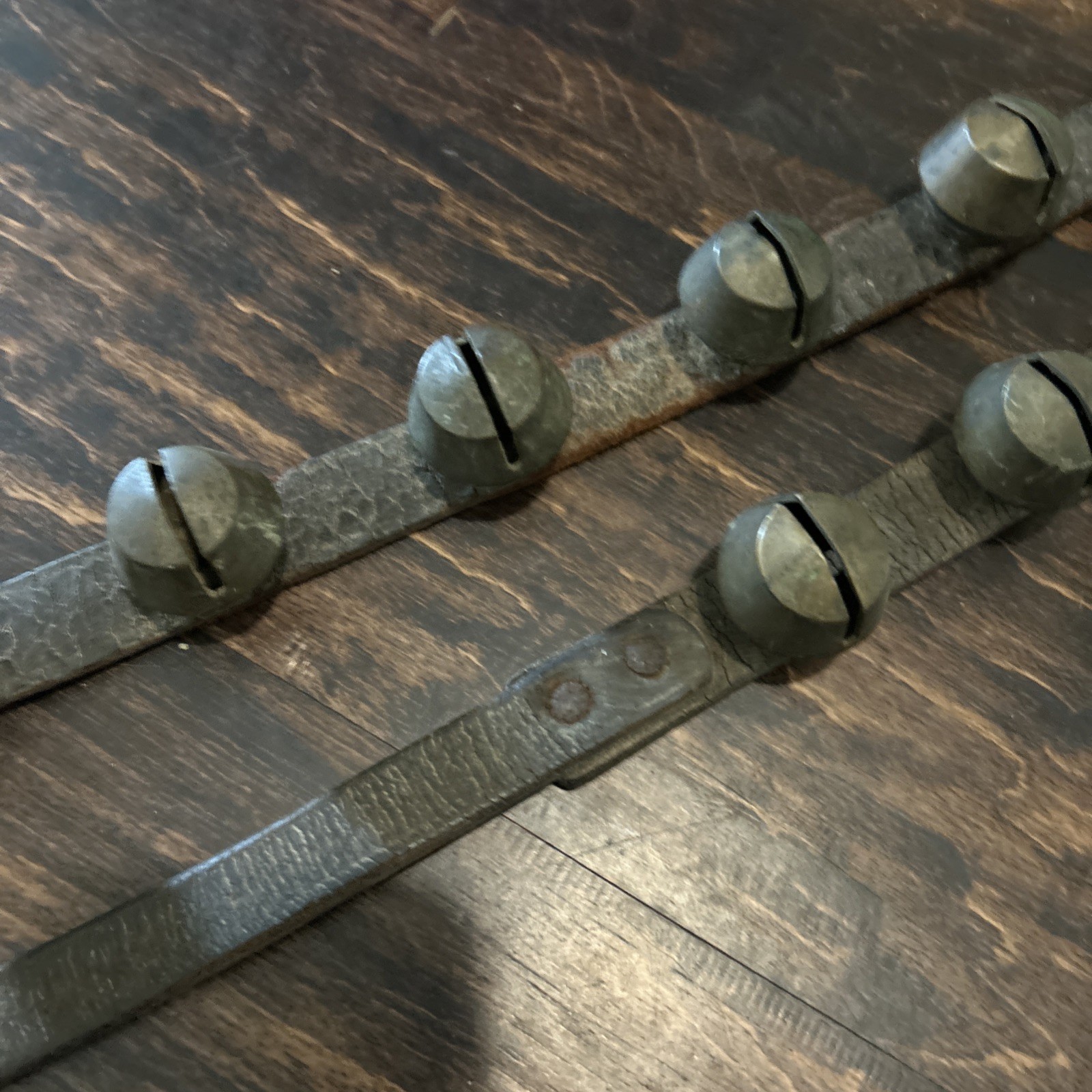 67” ANTIQUE BRASS SLEIGH BELLS ON LEATHER STRAP heavy 