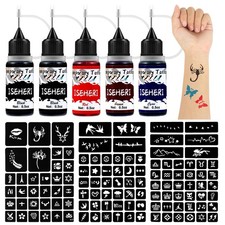 Temporary Tattoo Kit 5 Bottles Color Inks,115 Pcs Stencils Kit for Body Paint DI