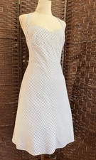 Sz 12 LOFT 100% Cotton Gray Chambray Stripes Racerback Sundress Fit Flare Tea