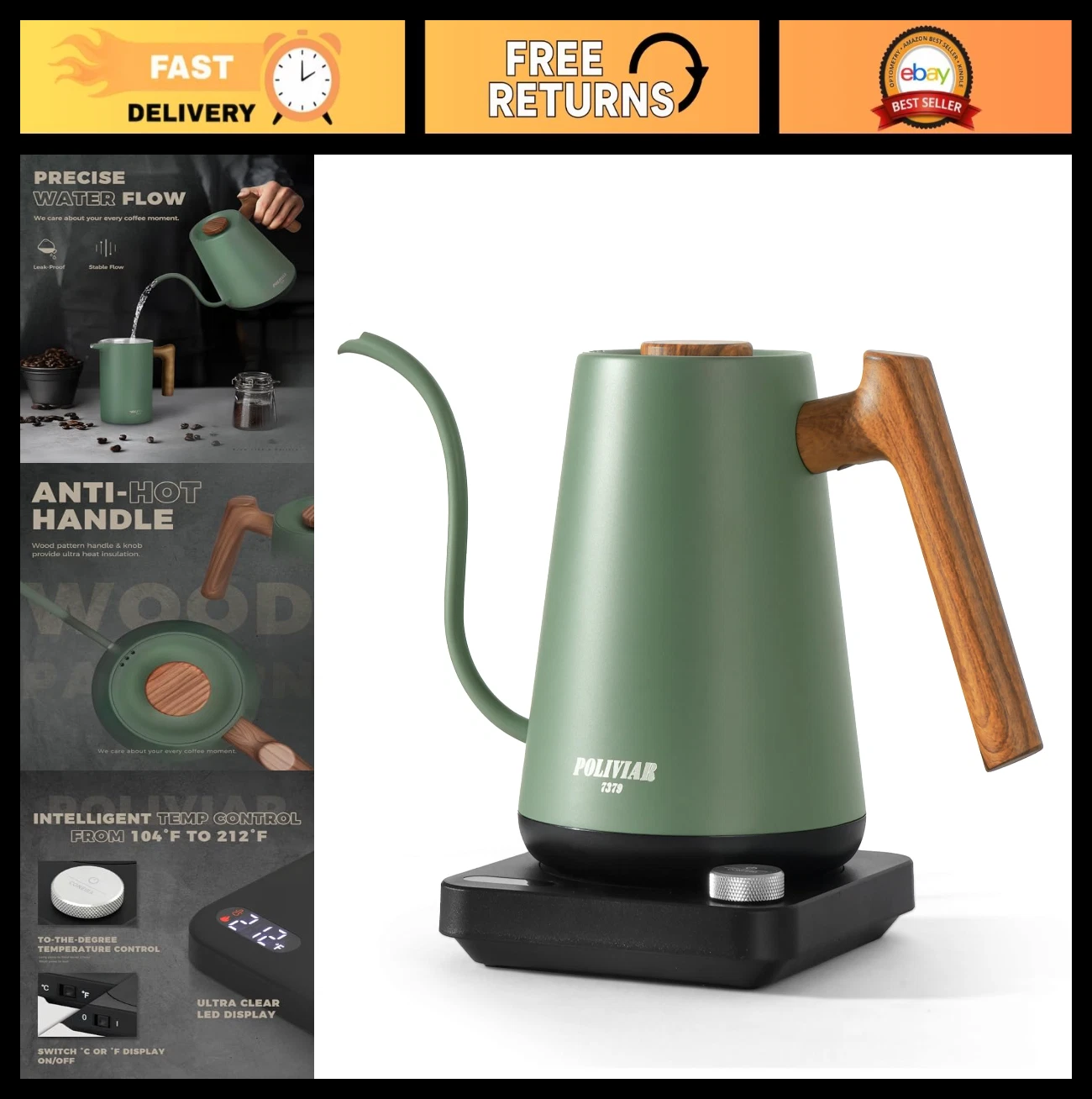 1350W Electric Gooseneck Kettle with Temperature Control, 34oz Pour Over Tea & C