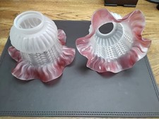 Pair Vintage Cranberry Frosted Etched Glass Lamp Shade Frilled Rim