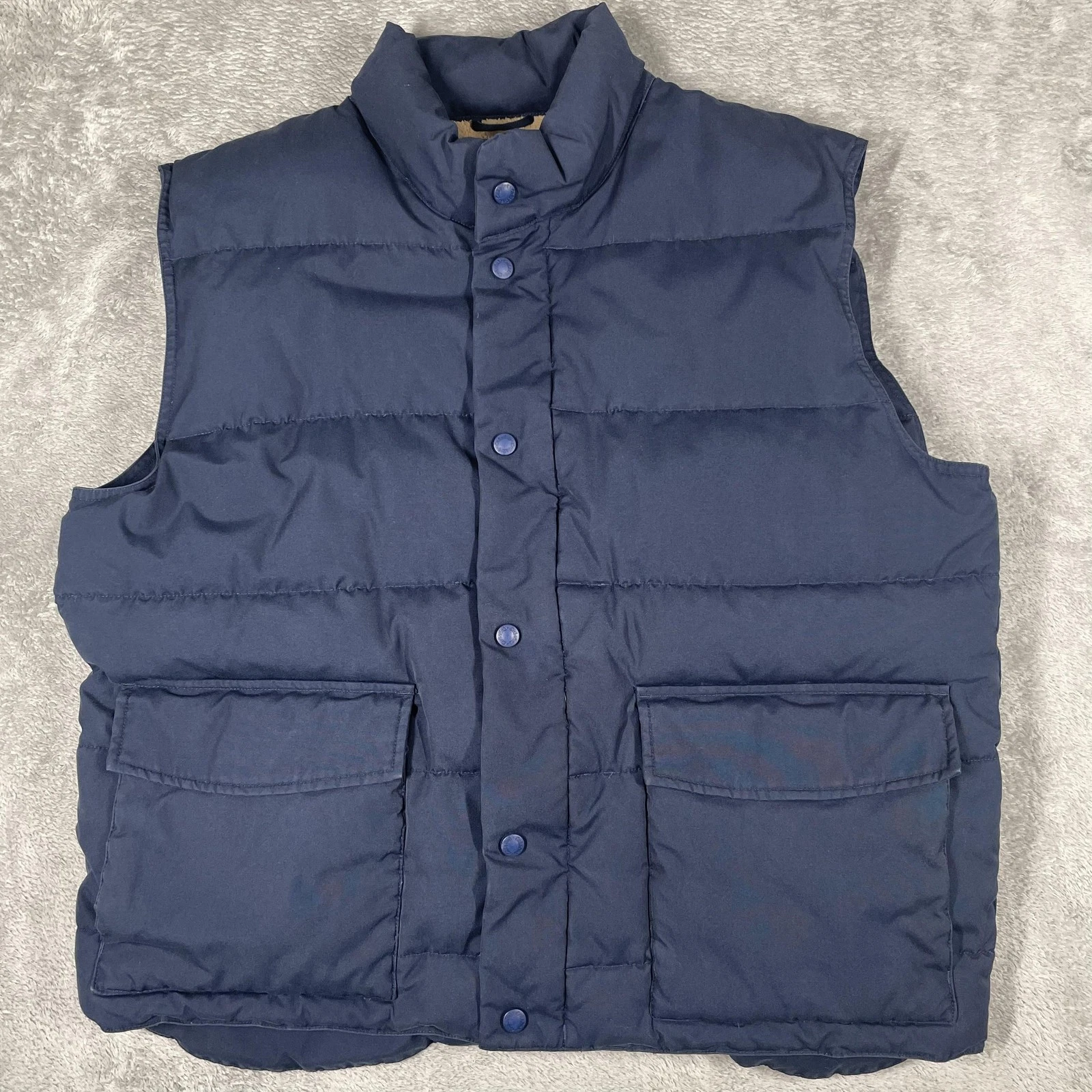 Cabela's Goose Down Puffer Vest Mens Large Navy Fleece Lined Outdoor Zip Snap