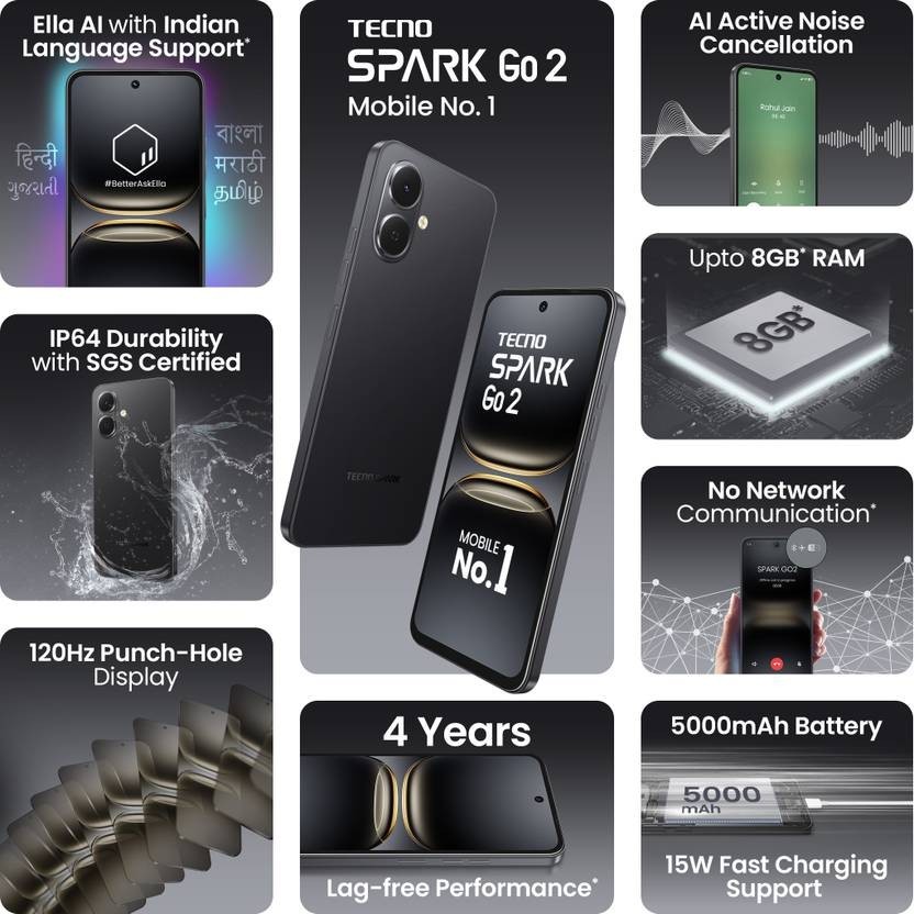 TECNO Spark GO 2 ( Black, 4GB+64GB)T7250 Processor 6.67 inch