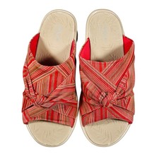 Bzees Smile Lifestride Wedge Sandals Coral Multicolor Stripe Fabric Sz 8 Resort