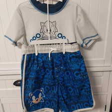 Sonic the Hedgehog Swim Trunk Set Shorts Shirt UPF 50 Boy Sz 7 Drawstring NEW