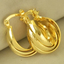 Cute New Yellow Gold Filled 3 Row Round Textured Twist Huggie Hoop Earrings