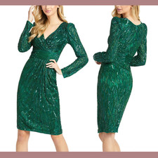 NWT $498 Mac Duggal [ 16 ] Long Sleeve Embellished Sequin Dress Emerald #G1379