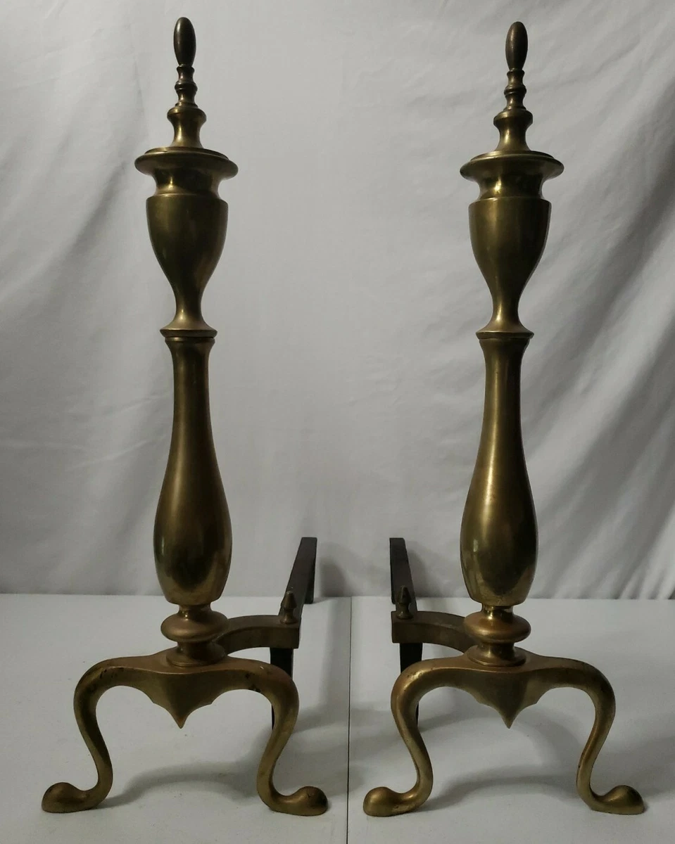 Vintage Brass Andirons Fireplace Log Holders Cast Iron Fire Dogs