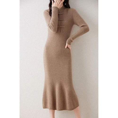 Pullover Half-turtleneck Wool Knitted Dress Women's Mid Length Cashmere Sweater - Bild 1 von 20