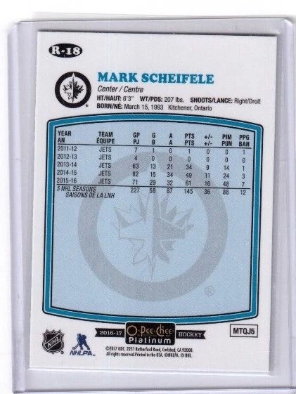 2016-17 O Pee Chee Platinum Retro card # R-18 Mark Scheifele Winnipeg Jets - Image 2 of 2