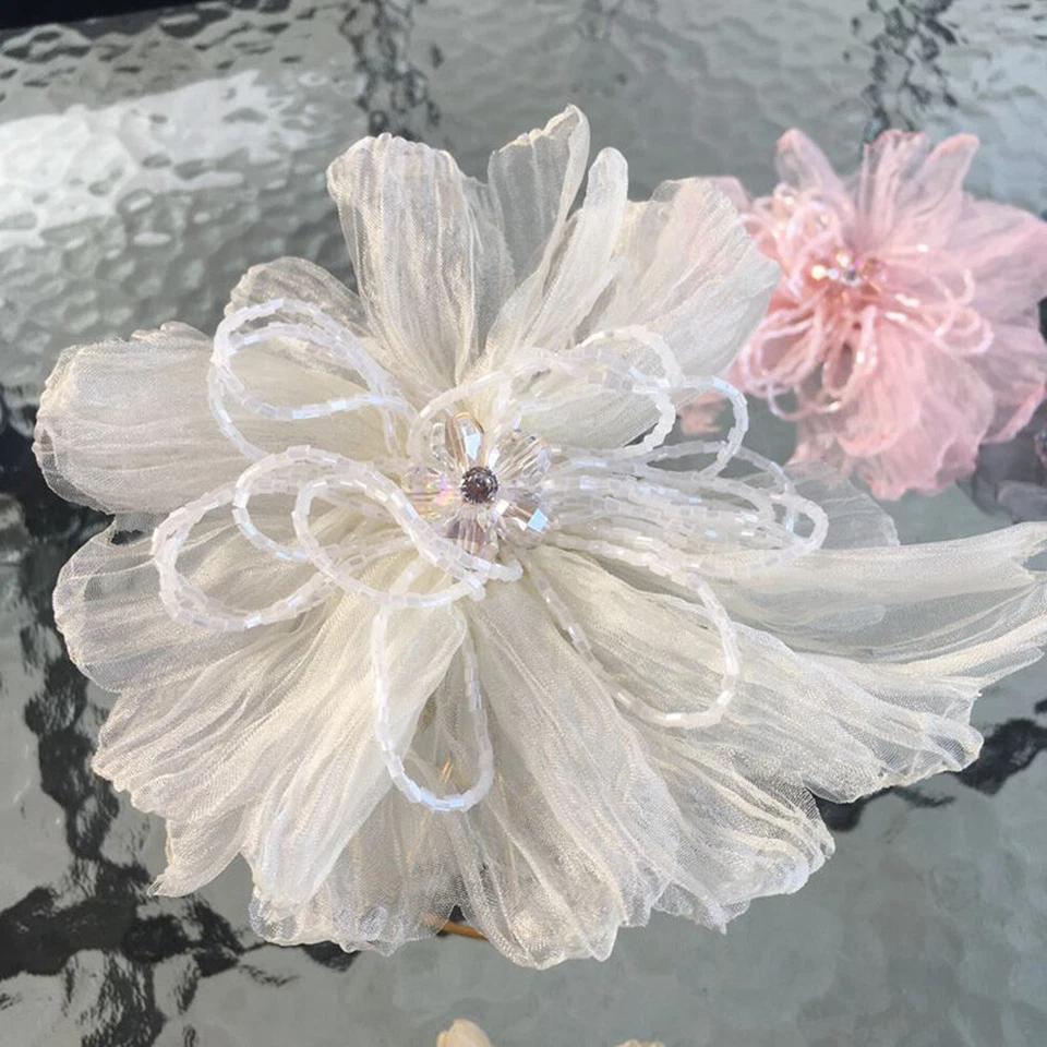 1PC Beaded 3D Flower Patches Organza Applique DIY Headdress Clothes Decor Craft - Image 2 of 4