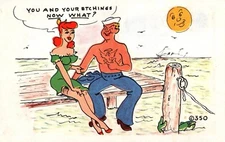 Military Comic Vintage Postcard Salior on Pier with Pretty Girl