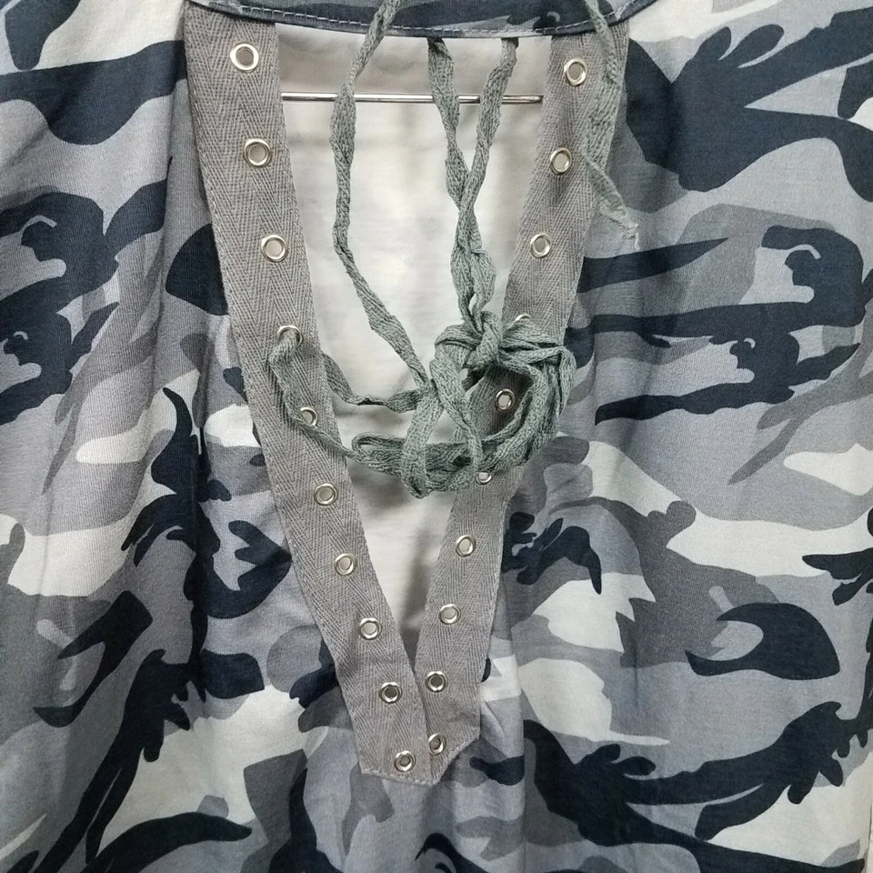 Sexy Camisa Para Mujer Manga Corta Camuflaje Con Cordones Informal Hueca Con Cordones,Gris,XL Foto 3 de 4