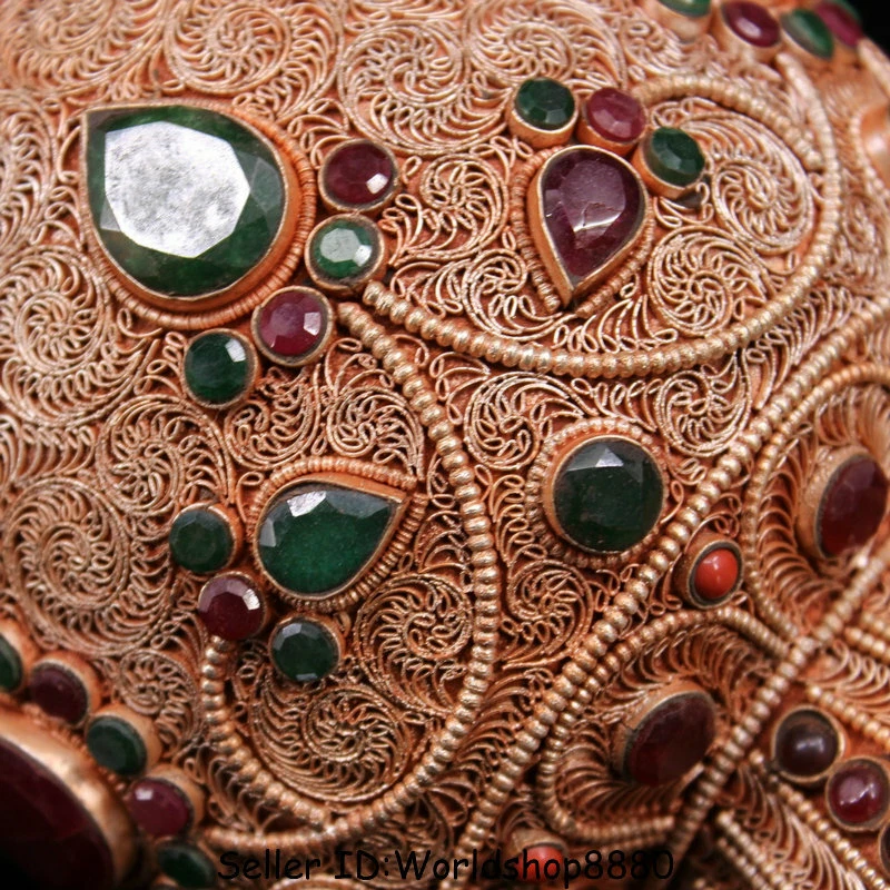 Jarrón botella 8,8" antiguo tibetano budismo Nepal alambre de plata incrustación manual gema riqueza Foto 4 de 4