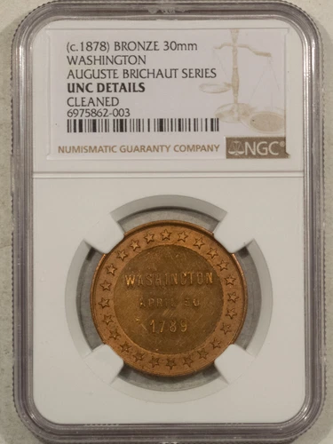 1878 BRONZE 30mm BELGIUM AUGUSTE BRICHAUT SERIES G WASHINGTON MEDAL NGC UNC DET
