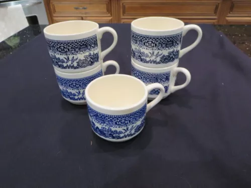 5 Vintage Willow Ware Blue Stacking Coffee Cups by Royal China USA