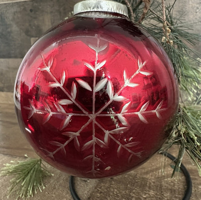 Vintage Large 4''D Blown Glass Red Christmas Ornament - Two Etched Snowflakes