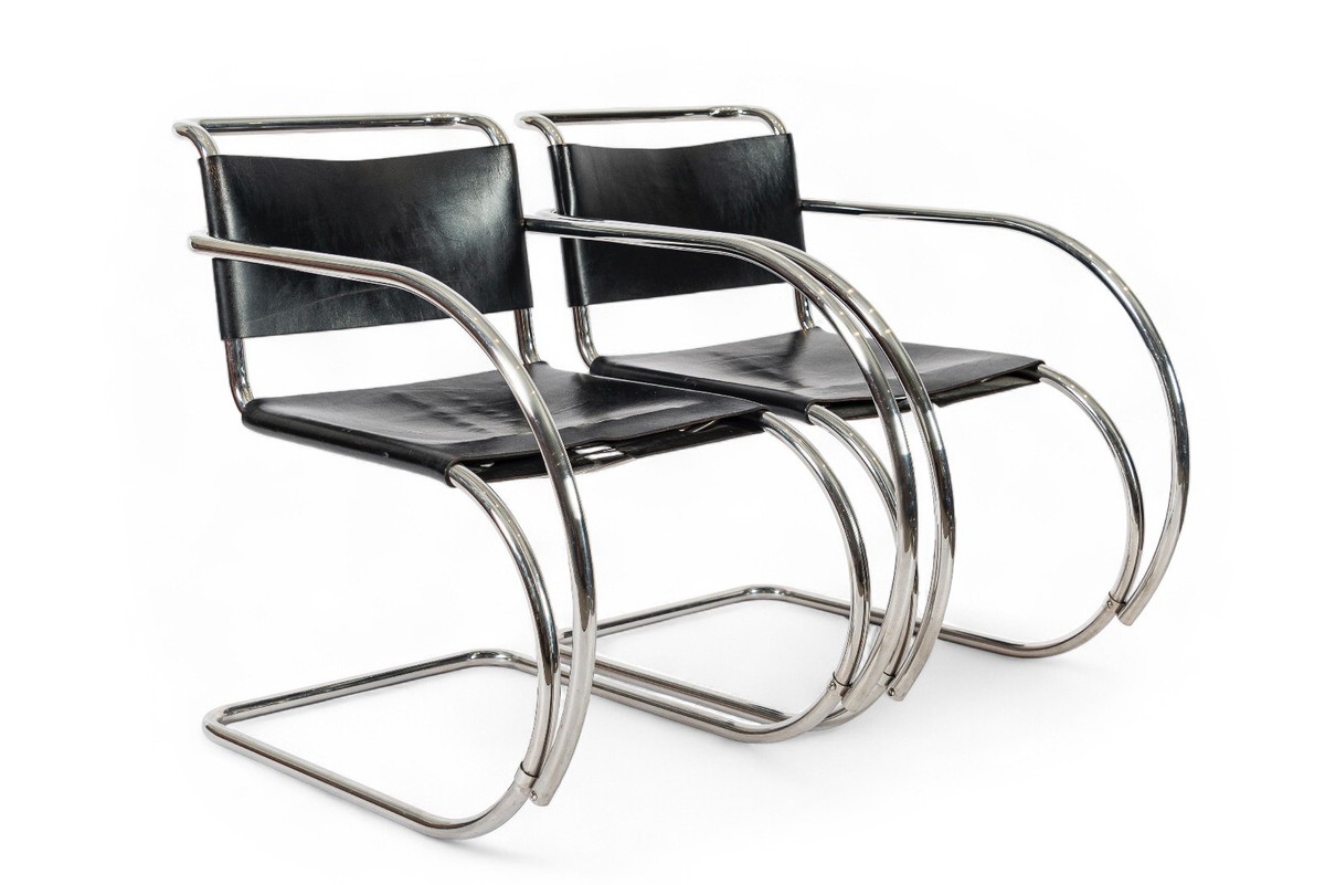 Bauhaus MR 20 Black Leather Arm Chairs by Mies van der Rohe for