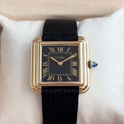 Cartier Stepped Tank Gold Plated 1100055 Black Dial 27,5mm Handaufzug Vergoldet