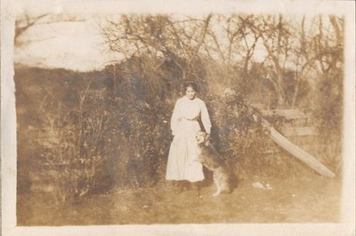 Antique Woman Collie Farm Dog 1910s Photo Jumping White Dress Boots