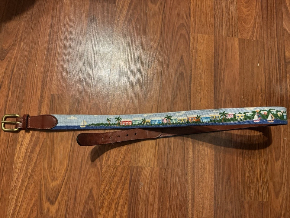 Smathers & Branson Island Time needlepoint belt w/leather backing & brass buckle - Image 3 of 4