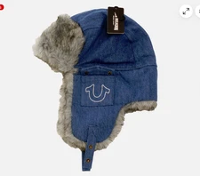 True Religion Trapper Hat Denim Blue Faux Fur Horseshoe Pockets Chin Strap