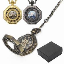 Vintage Men's Octagonal Mechanical Pocket Watch w/ Necklace Chain Birthday Gifts