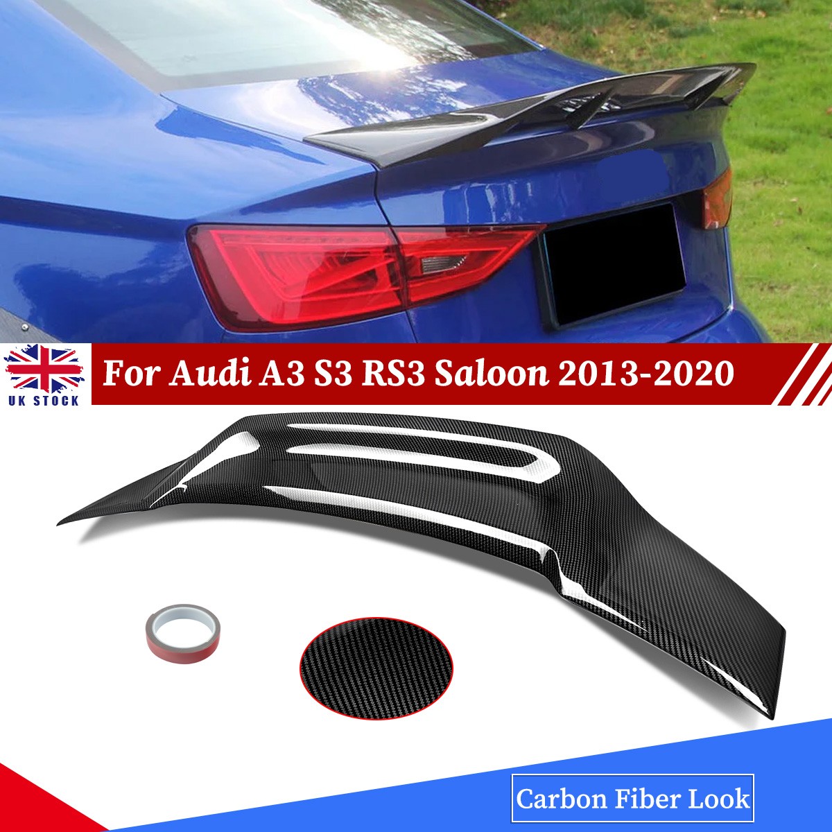 Rear High Kick Ducktail Boot Spoiler For Audi A3 S3 RS3 Saloon 13-20 Carbon ABS