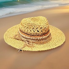 Scala Pronto Tan Straw Sun Hat Wide Brim Crochet Striped Band Twine Bow OS