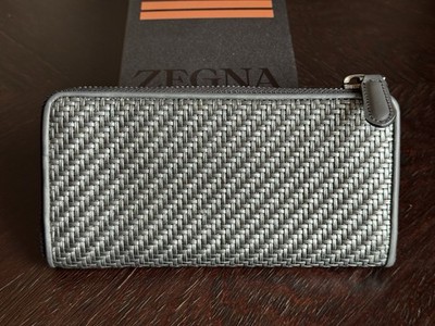 ERMENEGILDO ZEGNA GREY METALLIC PELLETESSUTA CALFSKIN ZIP CONTINENTAL WALLET NEW