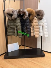 warm fox fur collar Hooded slim fit waist cinched thick down jacket women coat