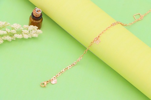 Rose Gold Charm Anklet With Floral, Leaf & Square Link Accents, XPAL1045 - Picture 5 of 12