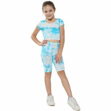 Kids Tie Dye Blue Crop Top Cycling Shorts Set Active Wear Girls Boys Age 5-13