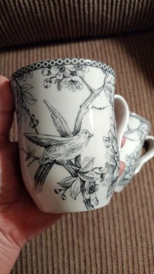 222 Fifth Adelaide Grey COFFE MUG Cup Bird Flowers Fine China LOT Of 2
