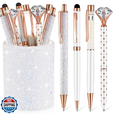 Sabary 8 Pcs White Pens with Pen Holder for Desk Glitter Crystal 