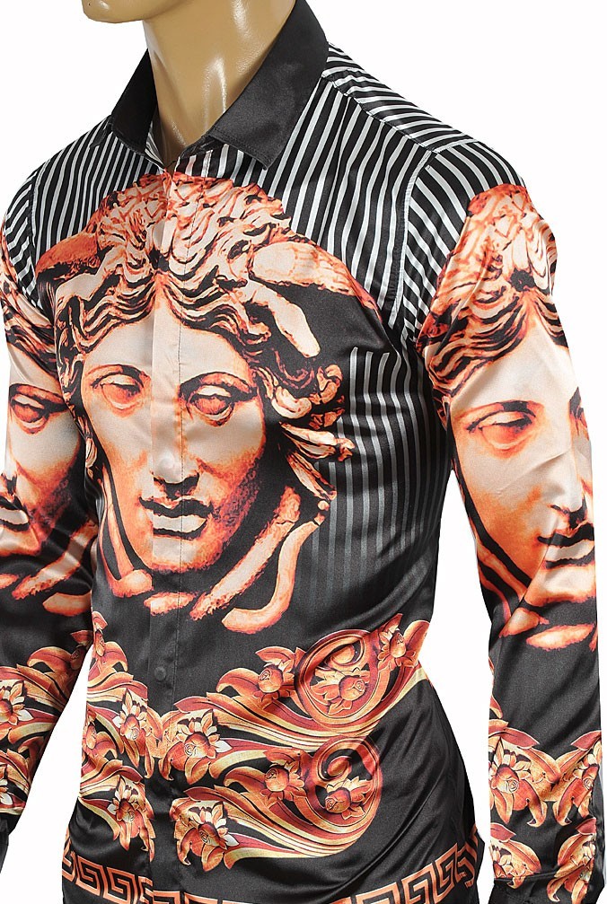 Versace Men's Medusa Print Button-Down Shirt Black and Orange, Size Medium 4