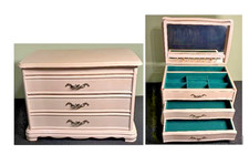 VTG French Provincial Jewelry Chest-Hinged Lift Top-2 Drawers-Green Velvet-1970s