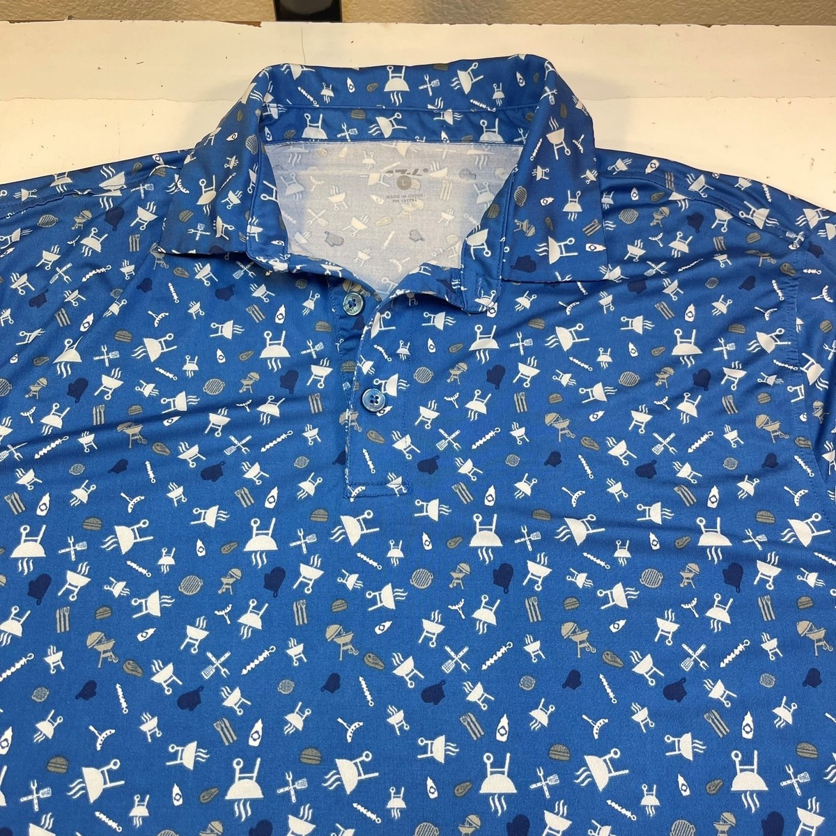 1764 GRILL BARBEQUE BBQ COOK OUT GOLF POLO SHIRT Mens L Blue LOUD FUN WILD  PRINT | eBay