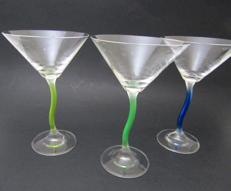 Leonardo Martini Glasses Lot of 3 Curved Stems Neon Blue Green Yellow Signed Foto 2 de 4