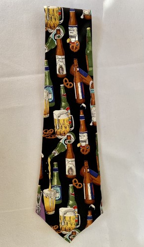 Nicole Miller Tie Beer Bottles Beer Pretzels ￼ 100% Silk Vintage 1995